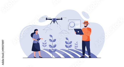 Two farmers a man and a woman utilizing a drone for smart farming over cultivated agricultural fields, Generative AI.