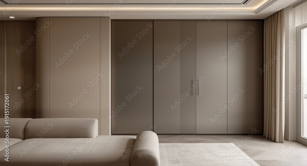 Fototapeta premium Contemporary living room featuring a modern sofa, tall cupboard, and sleek door design