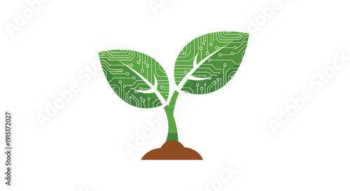 A sprouting plant with two leaves designed as intricate circuit boards emerges from the soil representing bio-technology, Generative AI.