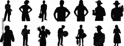 Collection of Farmer and Gardener Silhouettes Holding Flowers, Vegetables and Grocery Bags Isolated on White Background for Agriculture Concept Design
