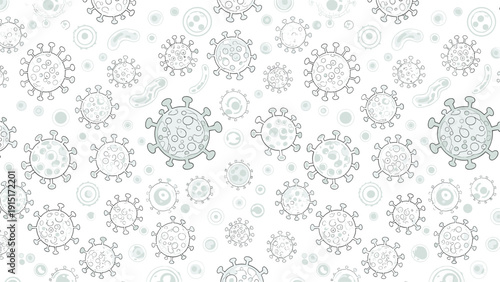 Seamless pattern of stylized coronavirus cells in a light gray sketchy line art style on a clean white medical background vector.