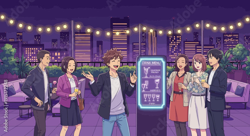AnimeStyle Group Gathering Around a Futuristic Vending Machine.