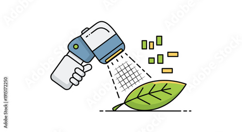 A hand holds a smart device scanning a large green leaf generating data points for precision agriculture analysis, Generative AI.
