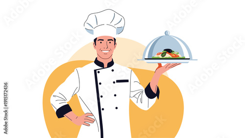 Professional and friendly male chef in a white uniform and toque holding a silver cloche with a prepared dish, smiling warmly.
