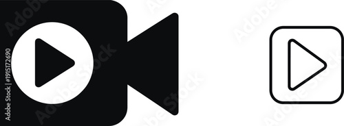 Set of two media playback icons in solid and outlined styles featuring video camera and play button for interface and digital design themes