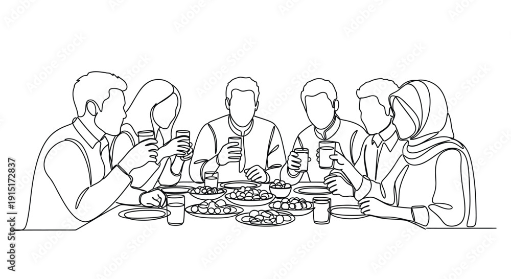 Obraz premium People gathered around a table enjoying a meal line art silhouette