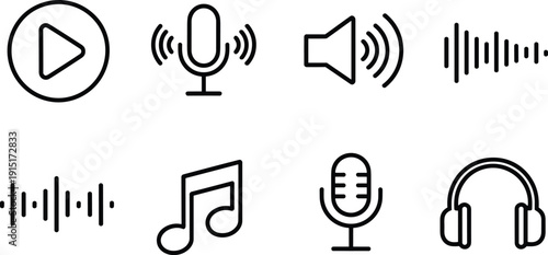 Set of eight black line audio icons including play, microphone, speaker, sound wave, musical note, and headphones for media and interface design themes