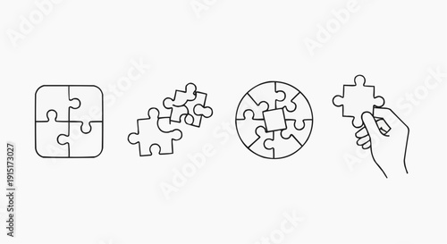 Set of puzzle line icons for business solution, teamwork, and problem solving concept