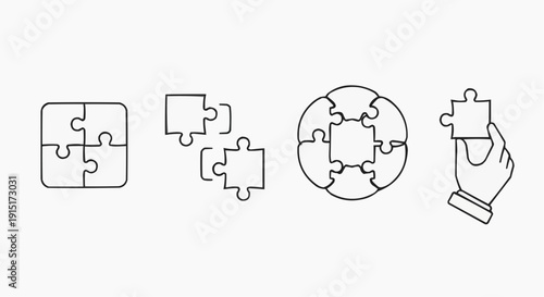 Set of puzzle line icons for business solution, teamwork, and problem solving concept