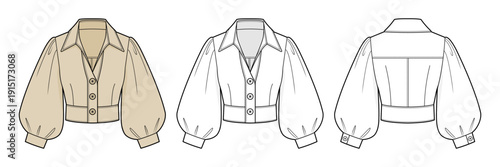 Beige Cropped Puff Sleeve Blouse Technical Fashion Illustration. Belted Waist Button-Front Shirt with Bishop Sleeves CAD Vector Template.