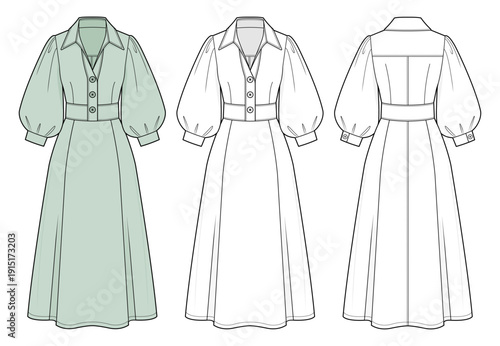 Sage Green Belted Puff Sleeve Midi Shirt Dress Technical Fashion Illustration. Button-Front Collared Day Dress with Flared Skirt CAD Vector Template.
