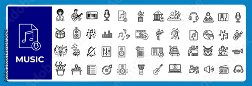 Music Audio Production Line Icons Vector Set – Guitar Headphone Microphone Speaker Piano Drum Note Playlist Studio Outline Icon Pack UI Web App