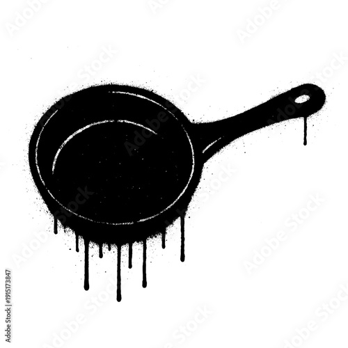 Black Spray Paint Graffiti Frying Pan Stencil with Drips Isolated on White Background