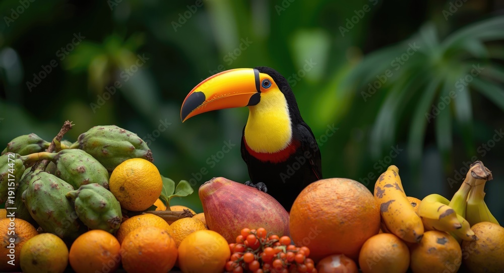 Fototapeta premium Tropical bird toucan perched on an assortment of vibrant fruits
