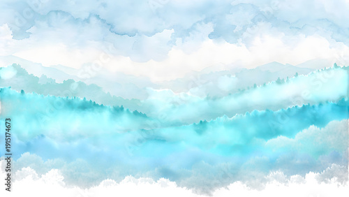 A beautiful watercolor painting depicting a serene and tranquil landscape of layered misty blue green mountains and forests under a soft sky