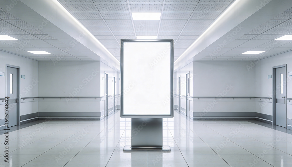 Fototapeta premium Modern hospital corridor with blank advertising billboard