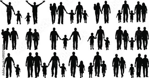 Family Silhouettes Collection with Parents and Children Walking Hand in Hand Isolated on White Background Parenthood and Togetherness Concept