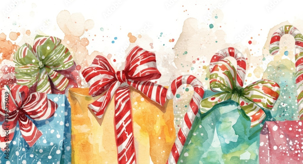 Naklejka premium Watercolor painting of vibrant holiday gifts and striped candy canes