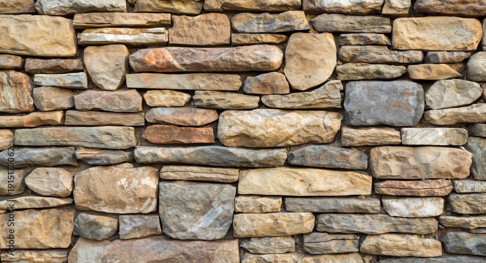 Fototapeta premium Building material art displaying a stone wall with varied colored rocks and textured finishes