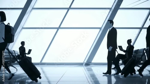 Travelers with Luggage at Airport Terminal.