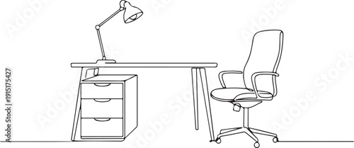 Continuous One Line Drawing of Home Office Interior Concept