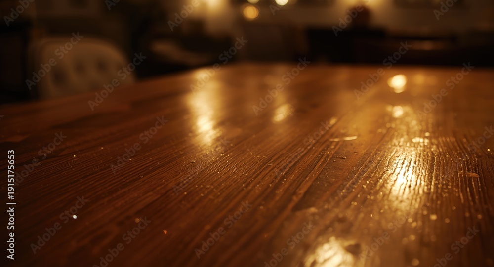 Obraz premium Clear wood surface lit by soft sparkling lights beside a subtly blurred dining room background