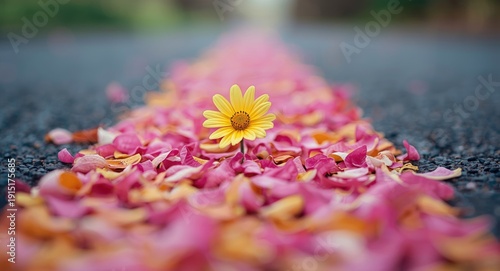 A focused flower amidst scattered bright pink petals on a colored road surface