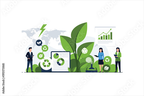 Sustainable business professionals analyzing green initiatives and environmental data with graphics and charts
