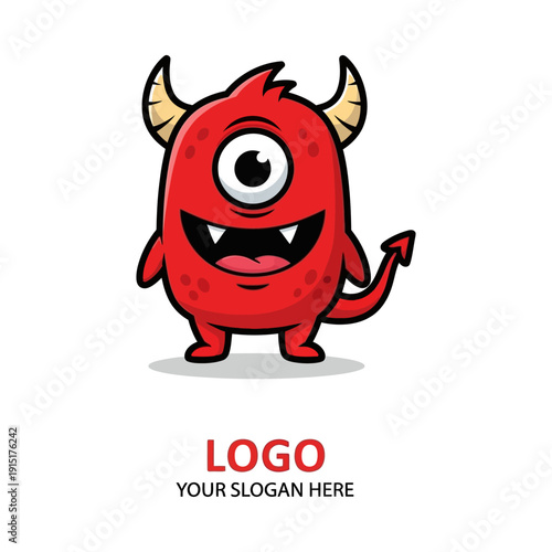 A red cartoon monster with one eye and a big smile