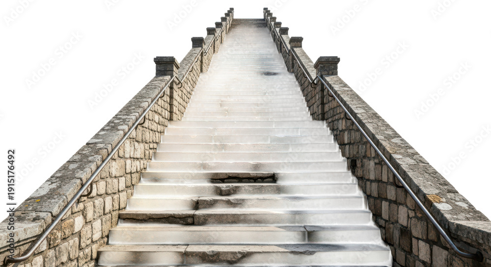 Fototapeta premium A long staircase with stone railings isolated on transparent background leading upwards