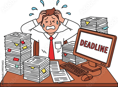 A stressed businessman sitting at his desk overwhelmed by paperwork and a looming deadline on his computer screen