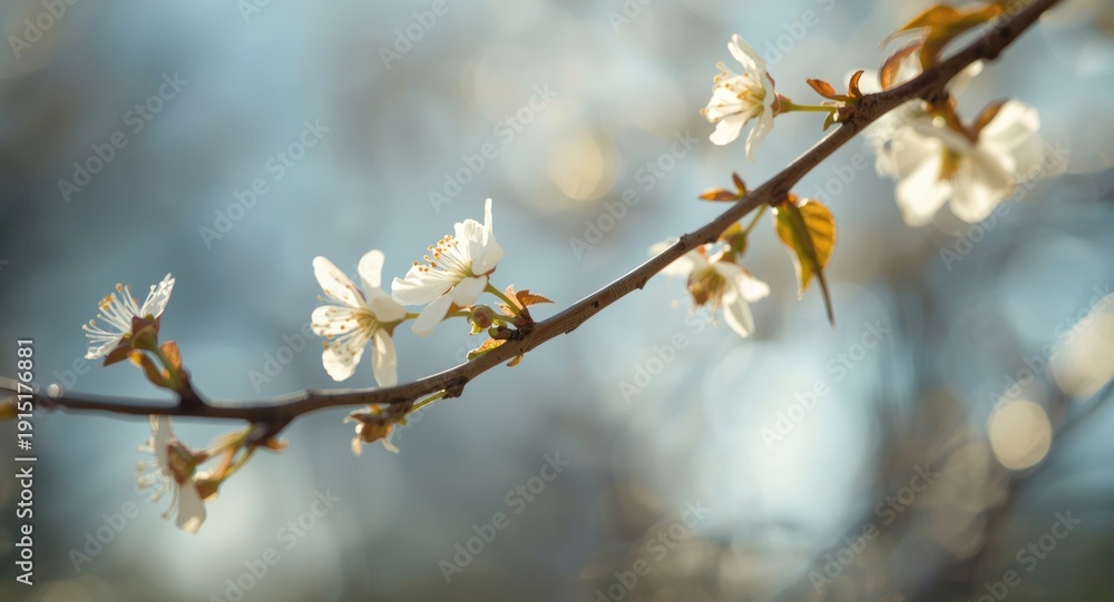 Obraz premium Close view of a delicate tree branch with soft white spring flowers in sunlight