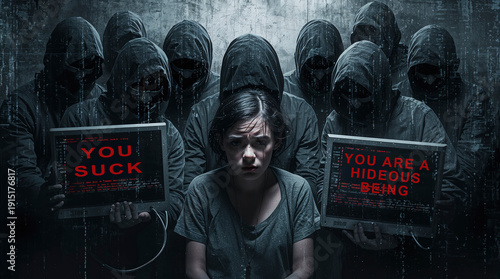 Depressed woman facing anonymous online trolls displaying hateful cyberbullying messages on screens