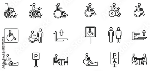 Black wheelchair icon vector illustration for accessibility, disability support, handicap signage, ADA compliance, healthcare, hospital, transport, and parking