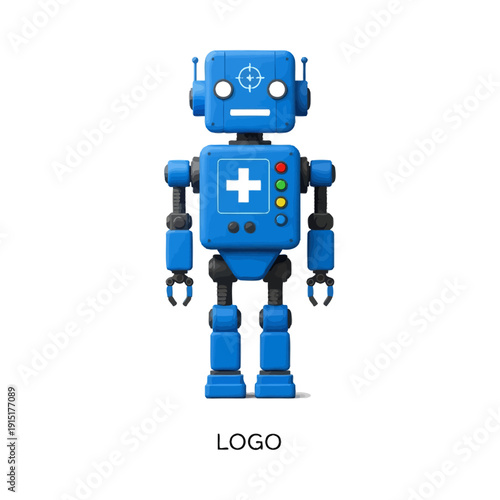 A blue robot with a white cross on its chest standing alone
