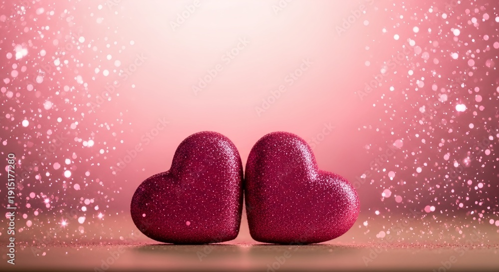 Obraz premium Two glittering deep pink heart decorations sit close together against a sparkling rose background