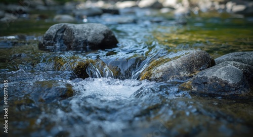 Flowing stream water passing over smooth river stones