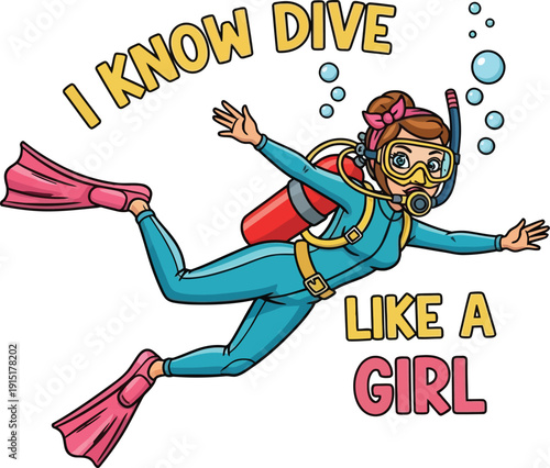 Cartoon girl scuba diver illustration in wetsuit and flippers underwater scene