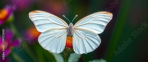 Delicate white butterfly with translucent wings, perched on a vibrant flower,  peaceful,  white