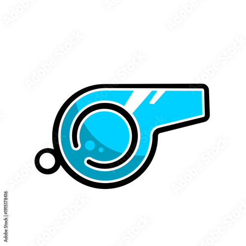 Blue sports whistle, flat cartoon style with bold line, vector icon