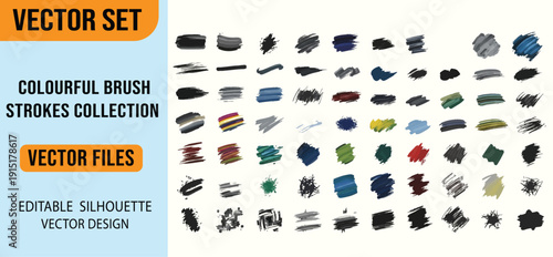 Colourful brush strokes vector set including Various shapes and sizes, including thick, thin, curved, and straight lines