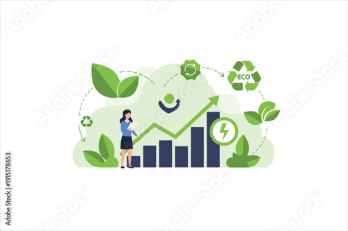 Woman analyzing ecofriendly business growth chart with green energy and recycling symbols around