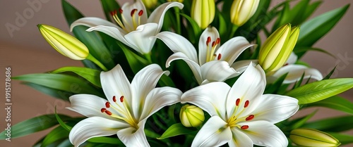 Elegant bouquet of pristine white lilies, lush greenery,  fragrant,  studio