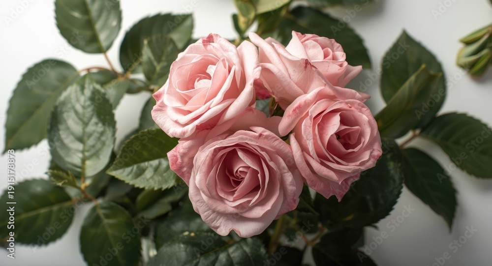 Naklejka premium close up of pink rose flowers with surrounding leaves on white canvas