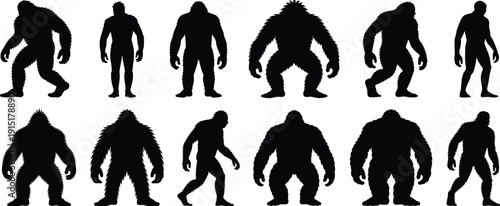Set of Bigfoot and Sasquatch Silhouettes in Various Poses Isolated on White Background for Mythical Creature Illustration