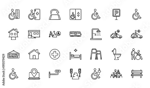 Linear wheelchair accessibility icon pack with disability support and mobility assistance symbols vector