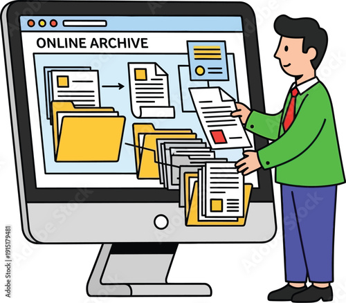 Man in green jacket accessing online archive on large computer screen displaying various digital files and folders