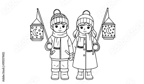 Canvas Print Liichtmëssdag Luxembourg Candlemas Coloring Page with Two Kids Holding Lanterns