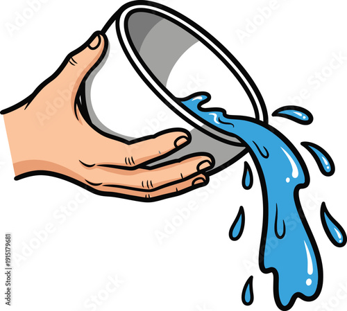 Hand pouring water from a cup, liquid flowing out, illustration of a simple action, everyday scene depicted in a graphic style