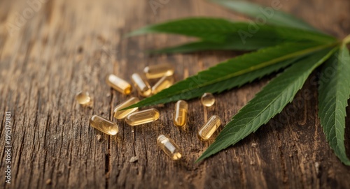 Wallpaper Mural Herbal capsules and green Mitragyna speciosa leaves on a wooden background highlighting natural therapy Torontodigital.ca